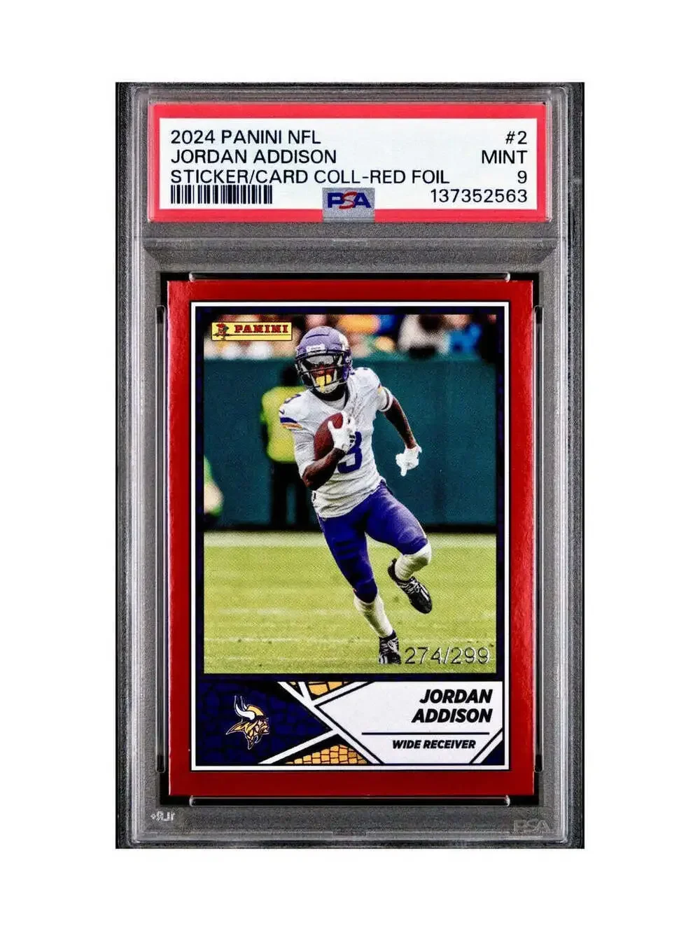 Jordan Addison 2024 Panini Sticker Collection 274/299 #2 Red Foil PSA 9 Mint